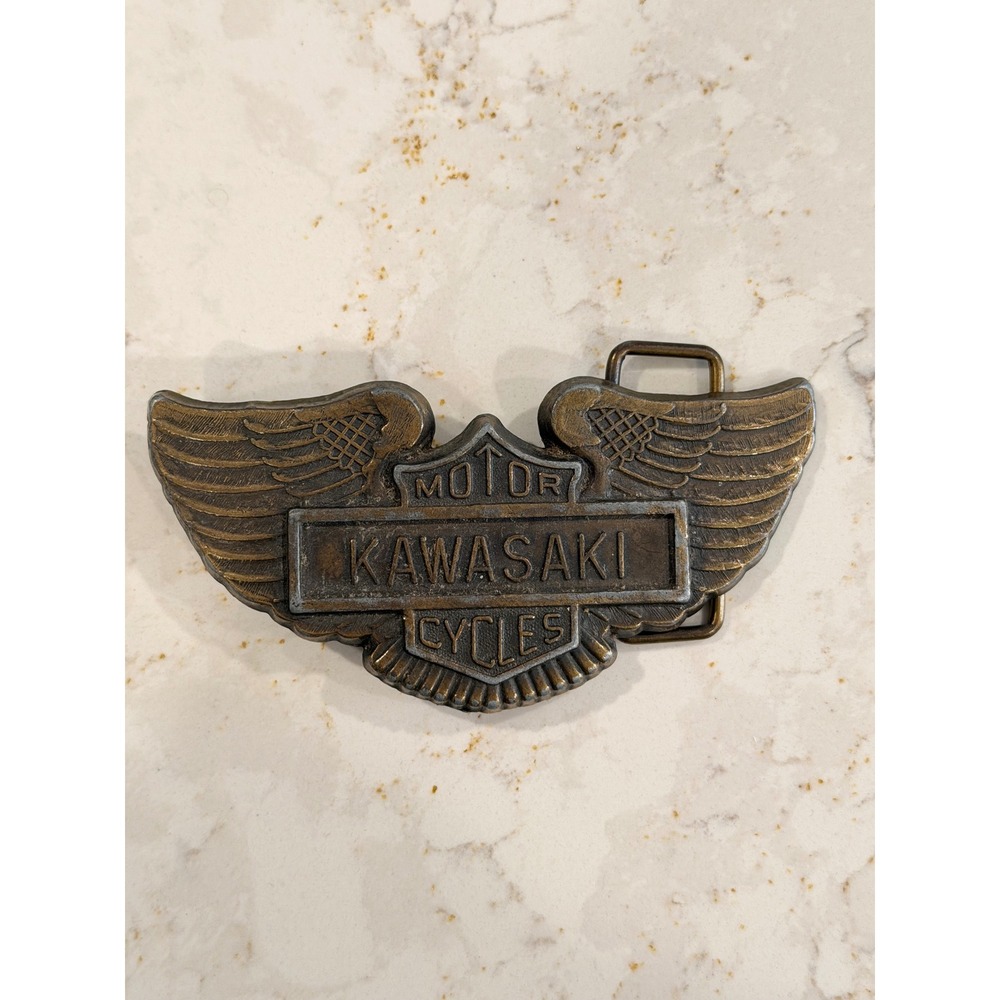 Vintage Kawasaki Motor Cycles Belt Buckle Winged Shield Biker Antique Bronze